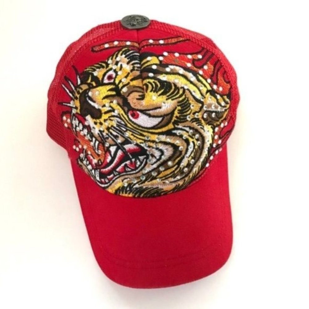 Red Tiger Printed Rhinestone Love Kills Women's Skeleton Cap Hat Great Condition